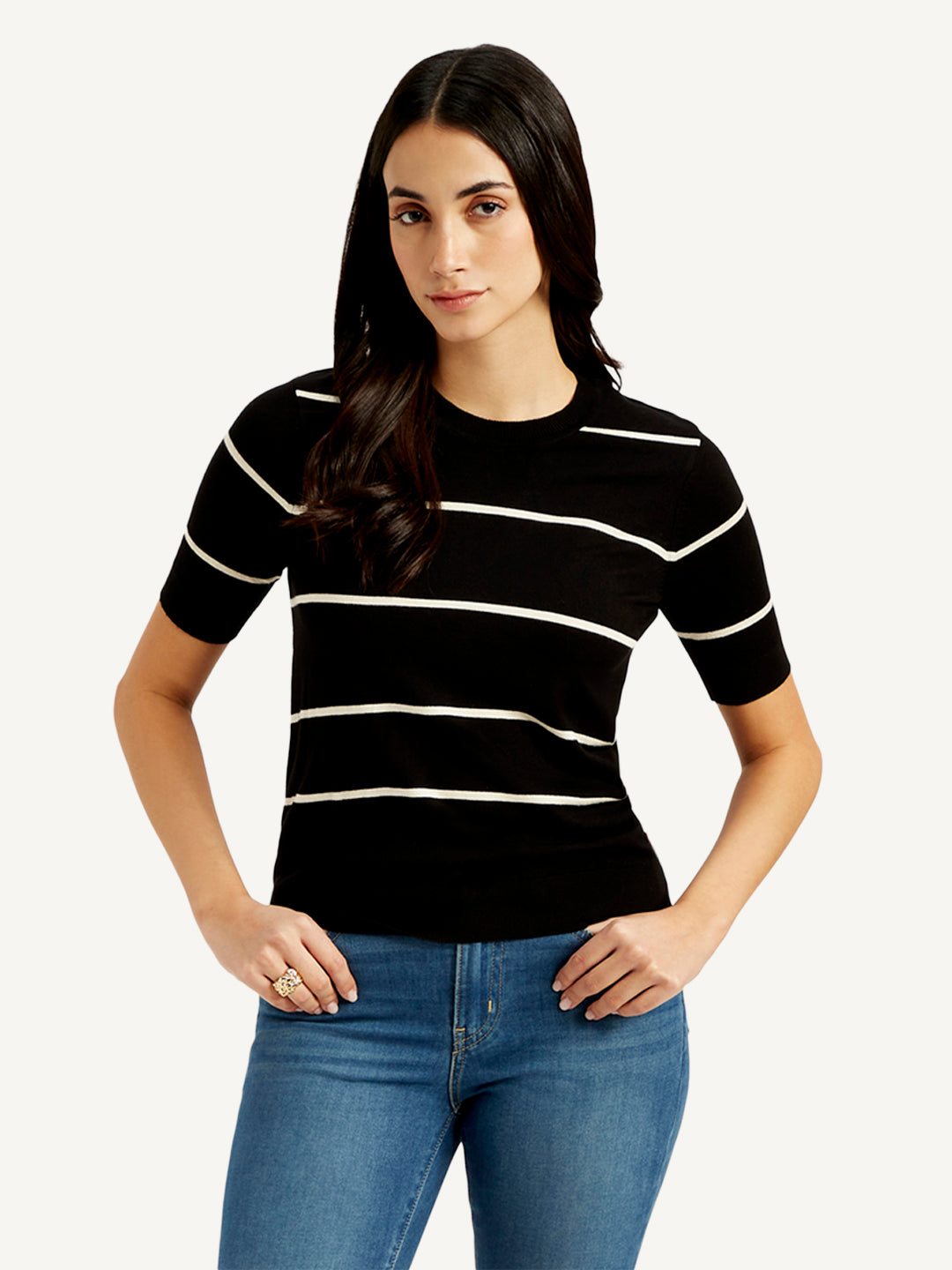 Women's Striped Black Crew Neck Top – Levis India Store