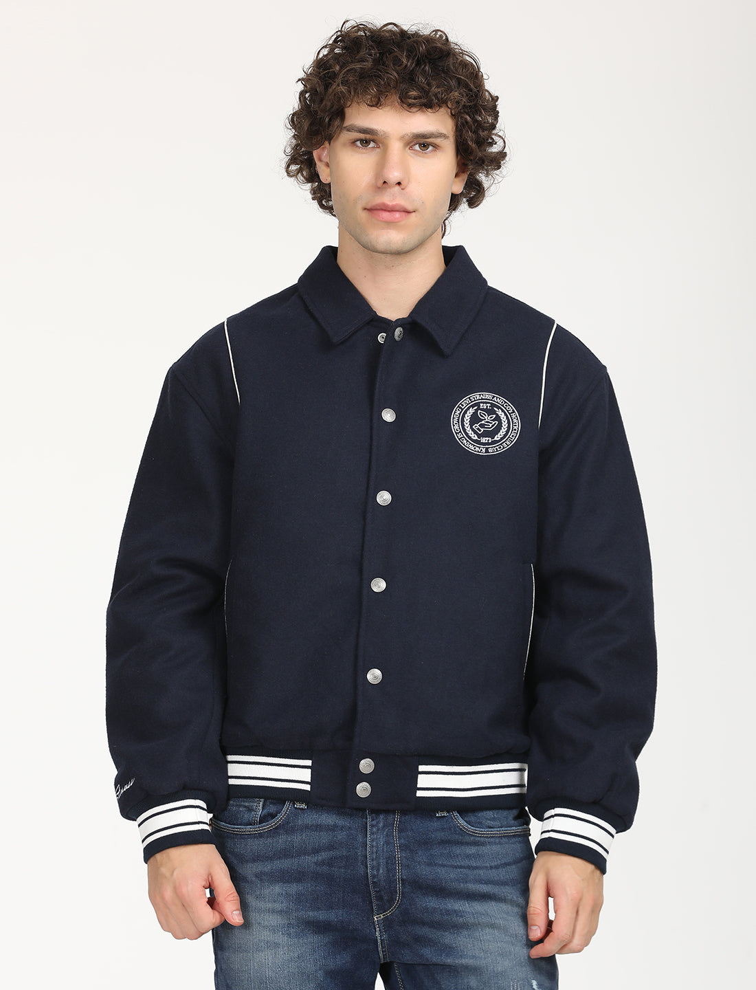 Outerwear Official 00 Varsity Bomber Men's Solid Navy Spread
