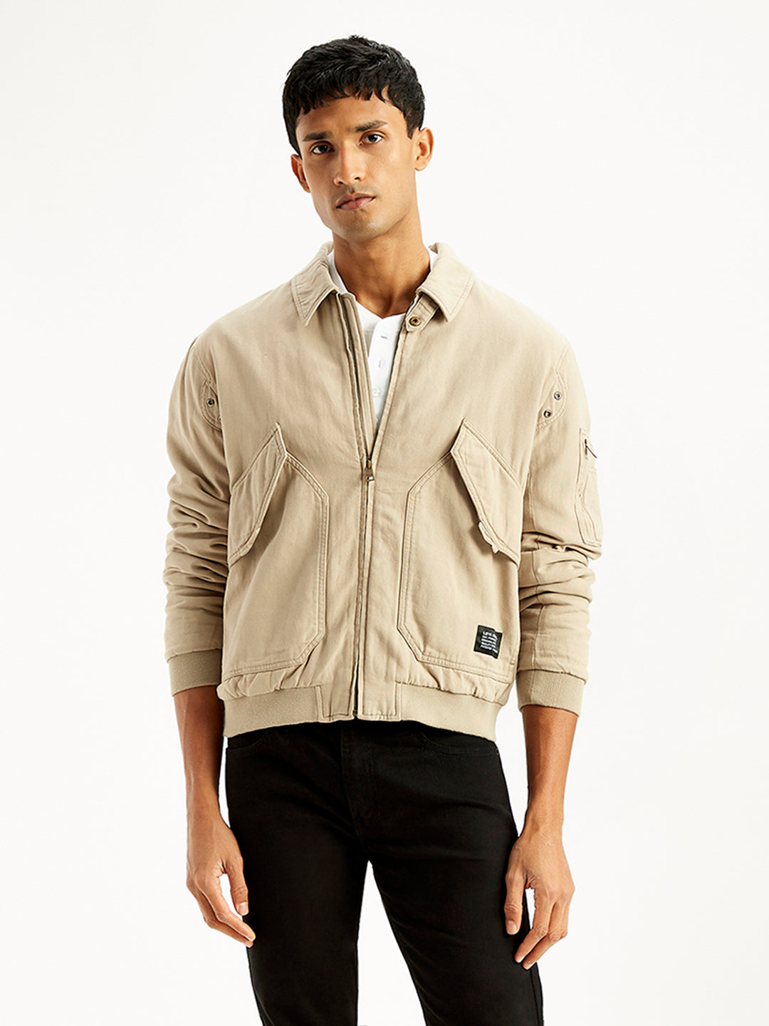 Men's Solid Beige Spread Collar Bomber Jacket - Main Image