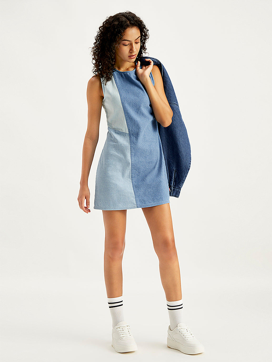 Women's Colorblock Blue Round Neck Mini Denim Dress