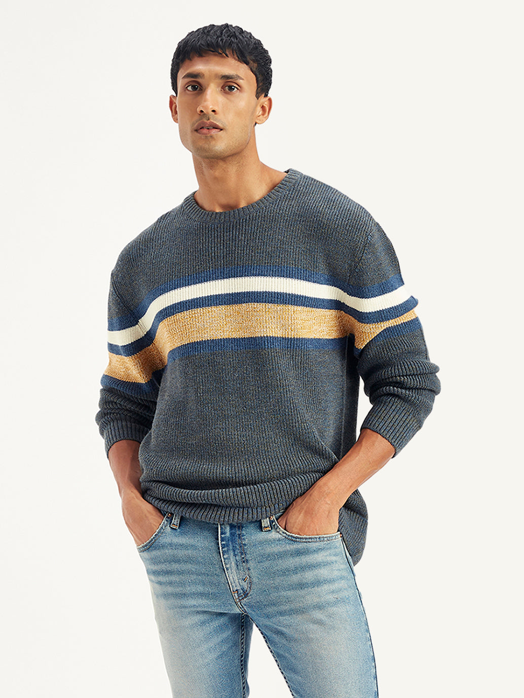Men's Striped Grey Crew Neck Sweater - Main Image