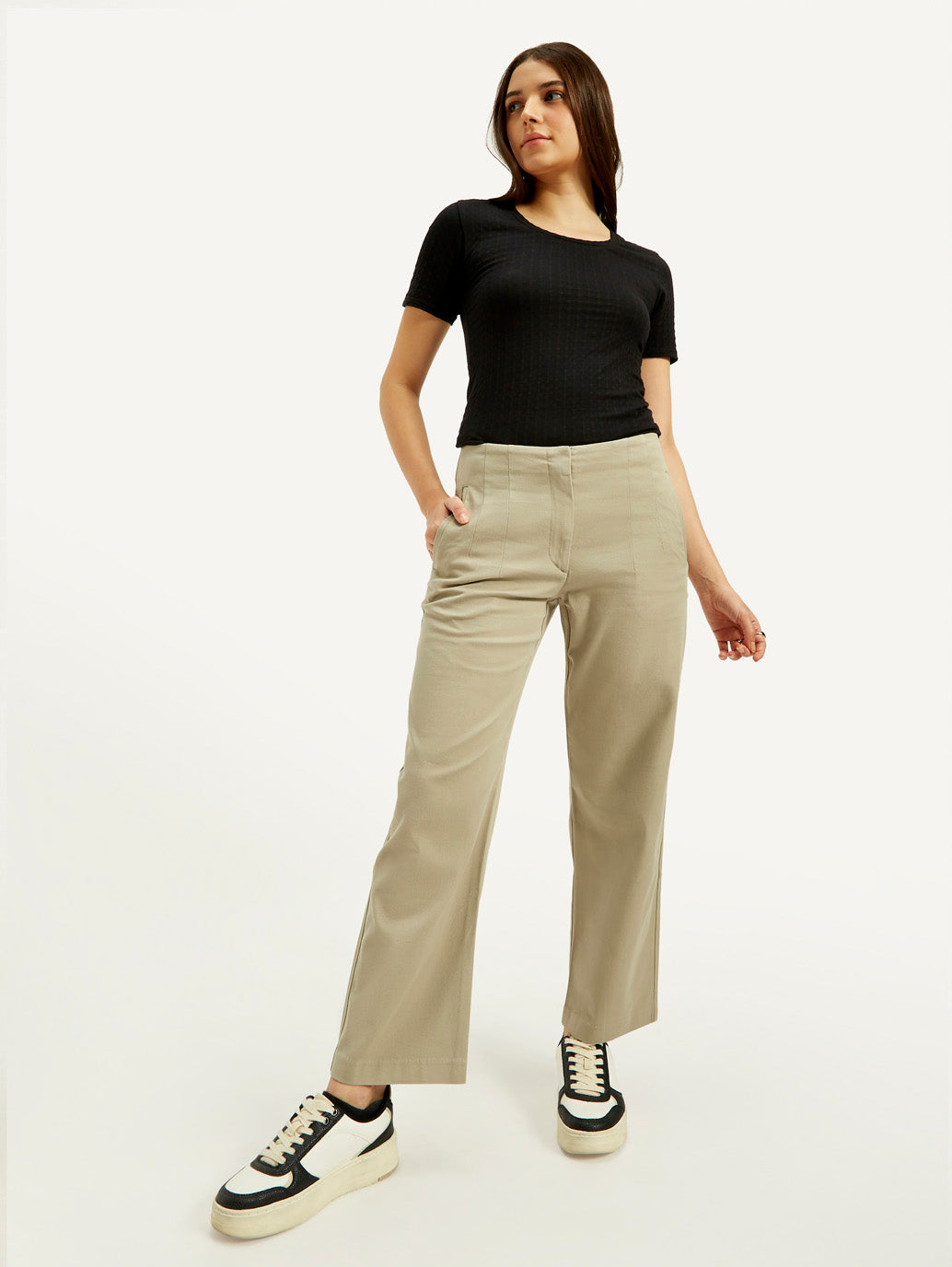 Women's 94 Mid Rise Khaki Baggy Fit Trousers - Main Image
