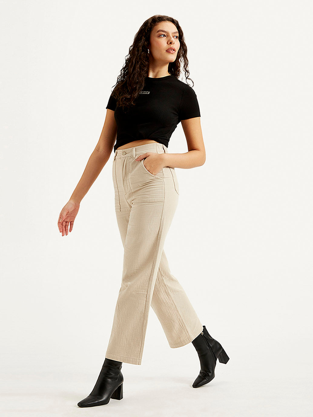Women's High Rise Beige Loose Fit Trousers