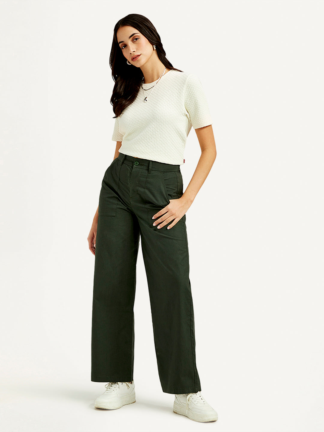 Women's High Rise Olive Straight Fit Trousers