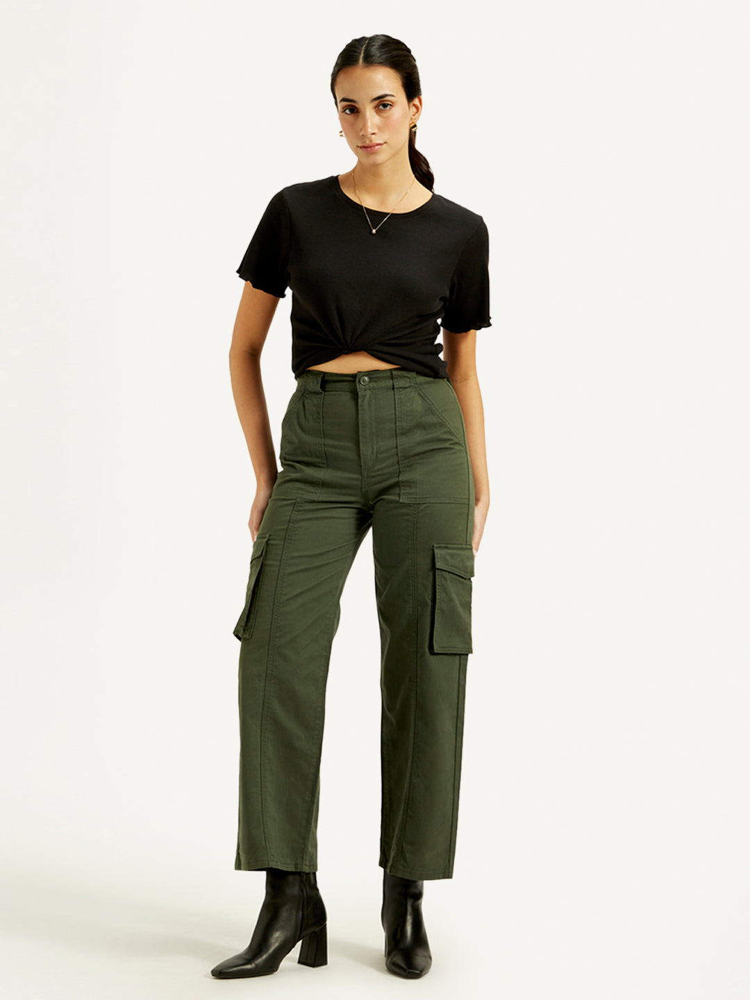 Women's High Rise Olive Wide Leg Cargo Trousers
