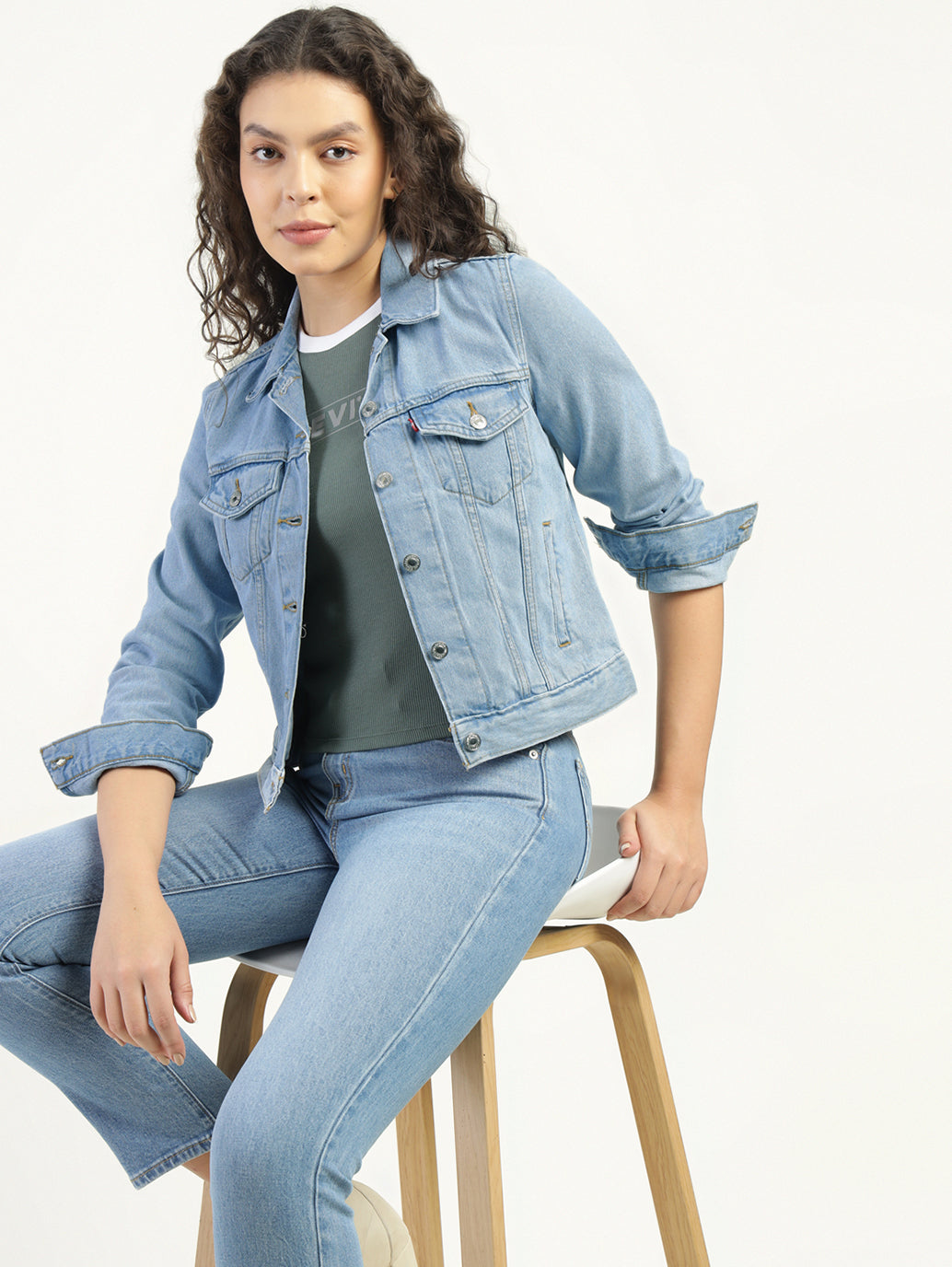 Women's Solid Light Blue Spread Collar Denim Jacket