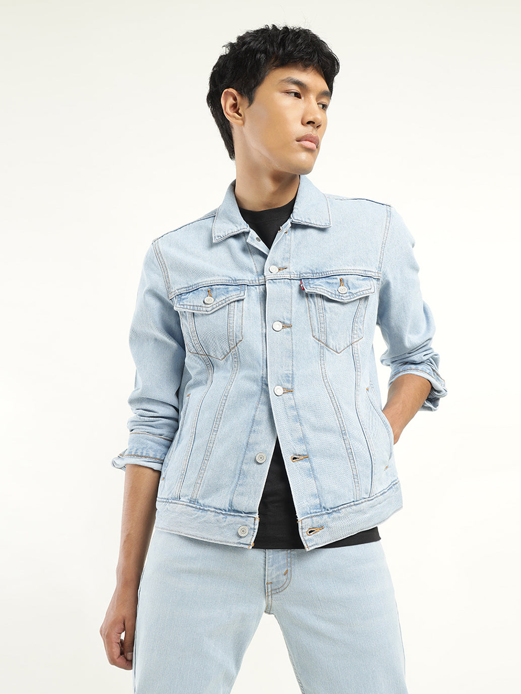 Men's Solid Light Blue Spread Collar Denim Jacket