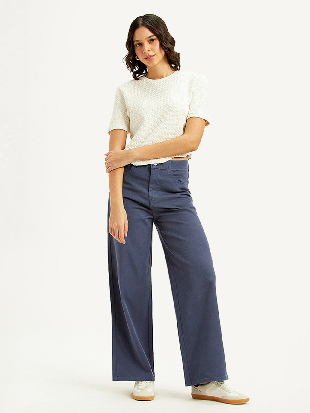 Women's Navy Blue Vintage Chino Wideleg Fit High Rise Jeans