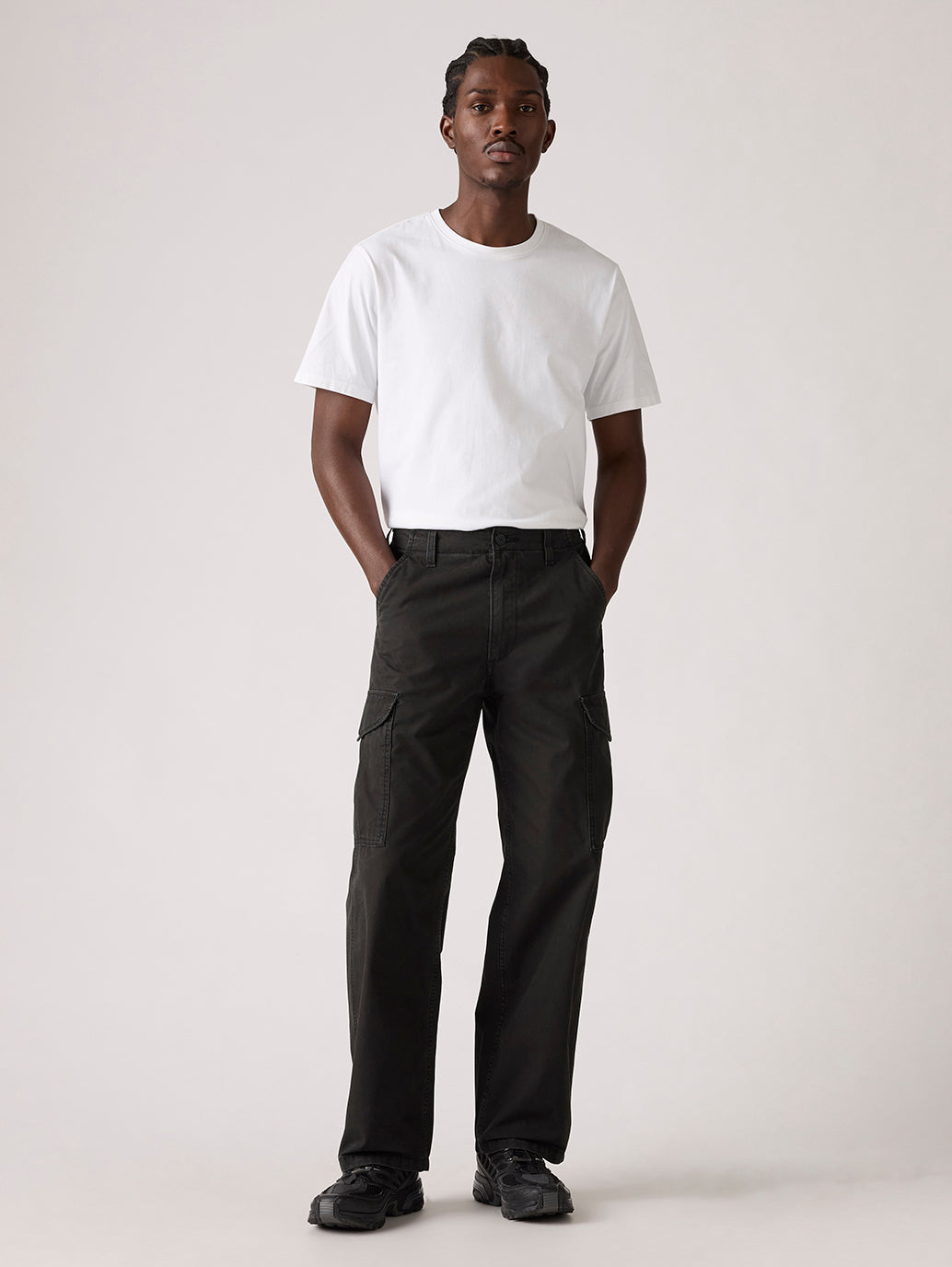 Men's Black Baggy Fit Mid Rise Cargo Trousers - Main Image