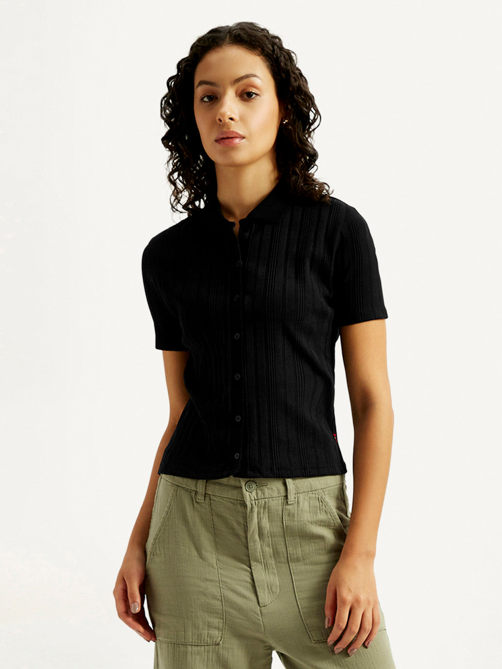 Women's Textured Slim Fit Ribbed Polo Shirt