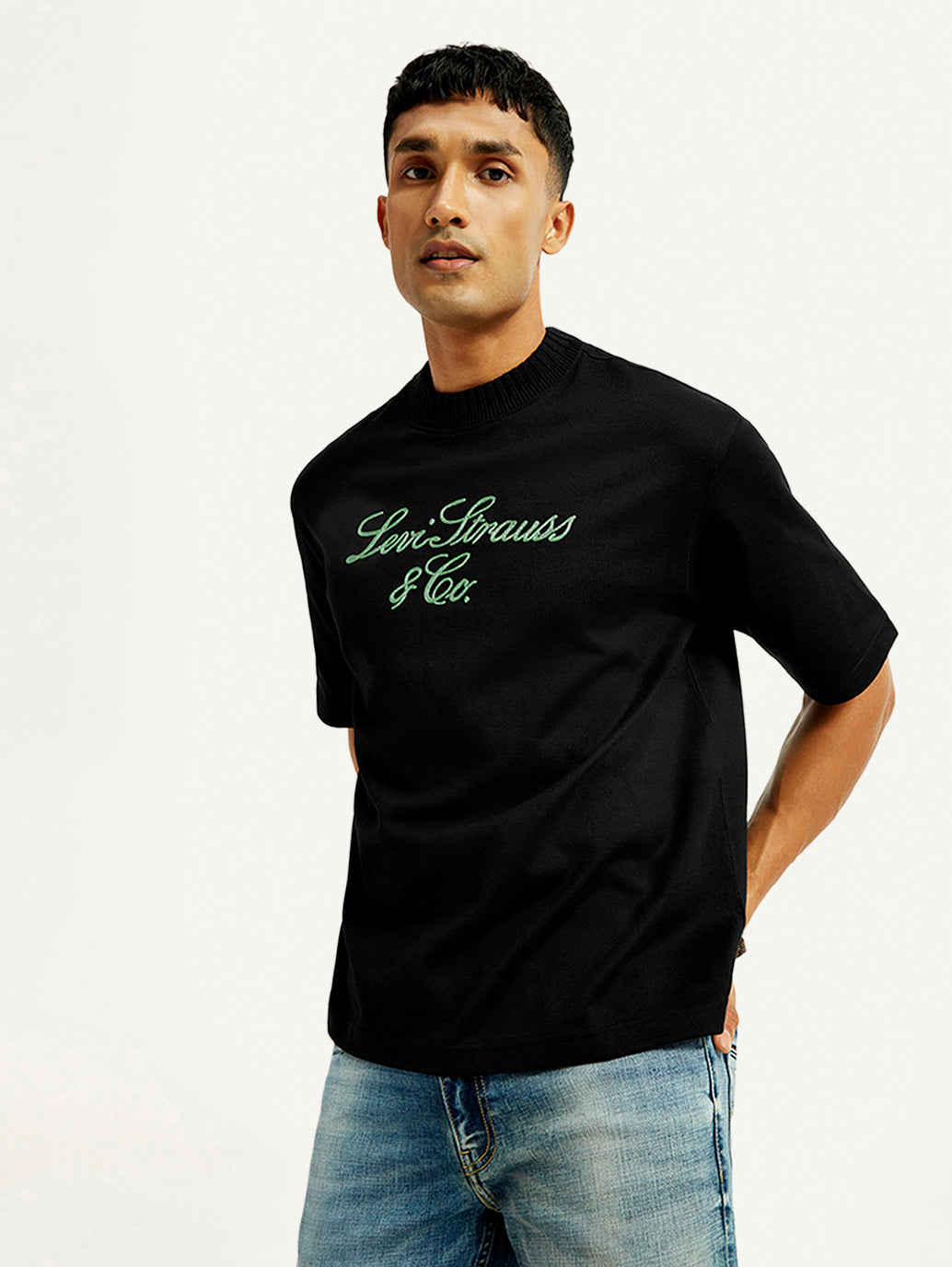 Men's Embroidered Black Crew Neck T-Shirt - Main Image