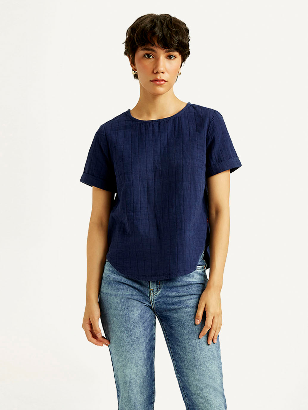 Women's Self Navy Round Neck Top