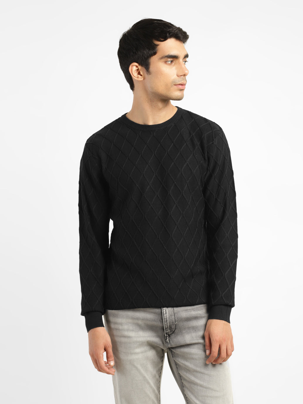 Men's Self Design Black Crew Neck Sweater - Main Image