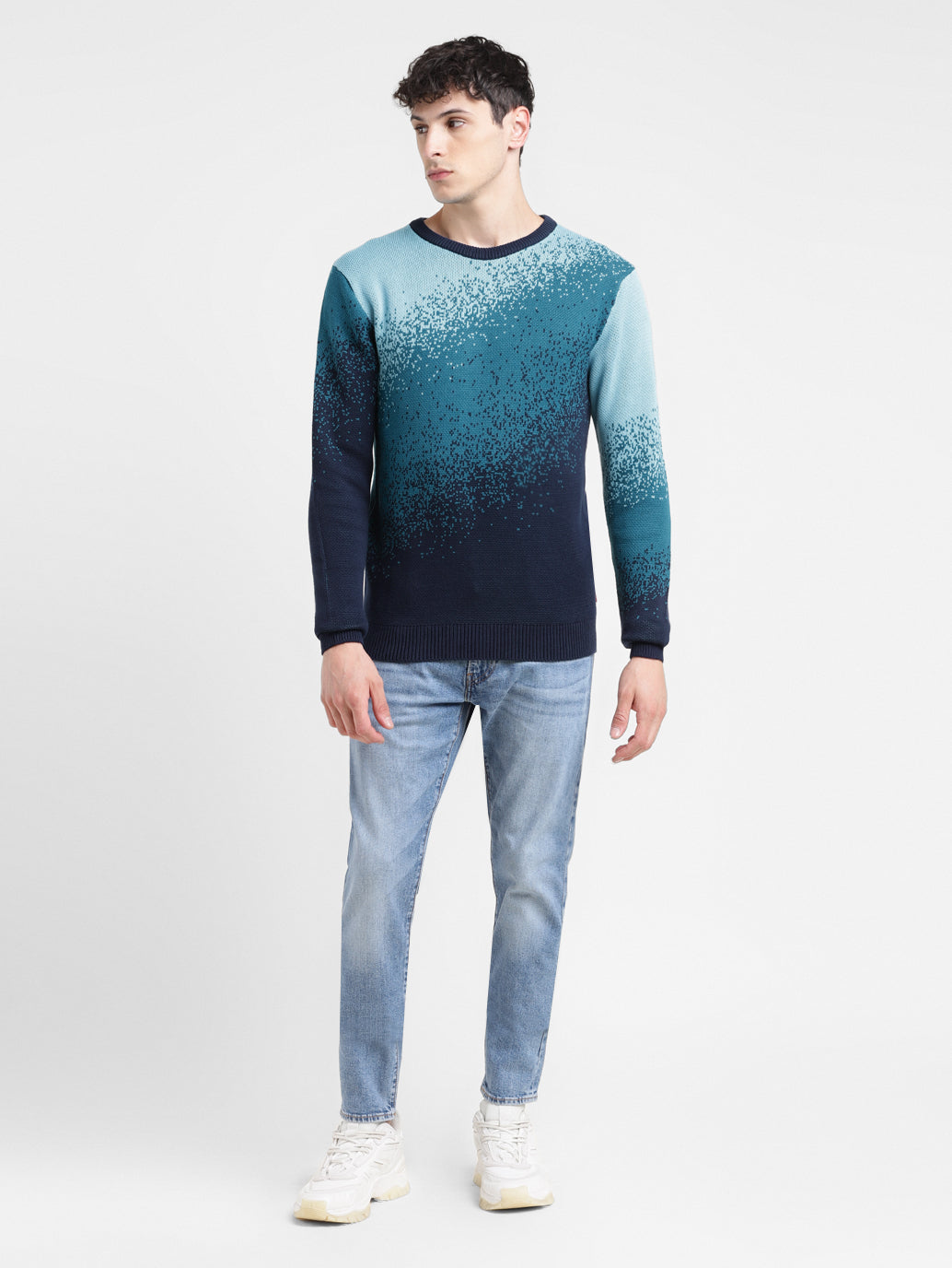 Men's Ombre Blue Crew Neck Sweater - Main Image