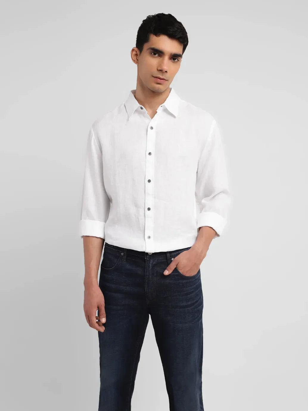 Black Jeans White Button Up Men's Solid Slim Fit Linen Shirt
