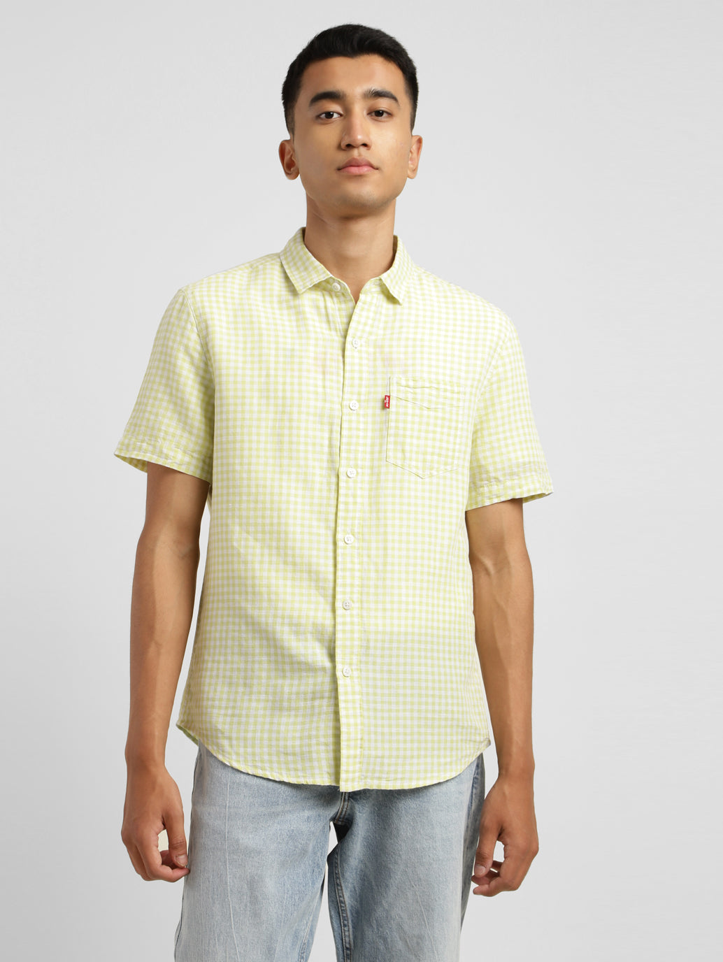 Men's Checkered Spread Collar Linen Shirt Green