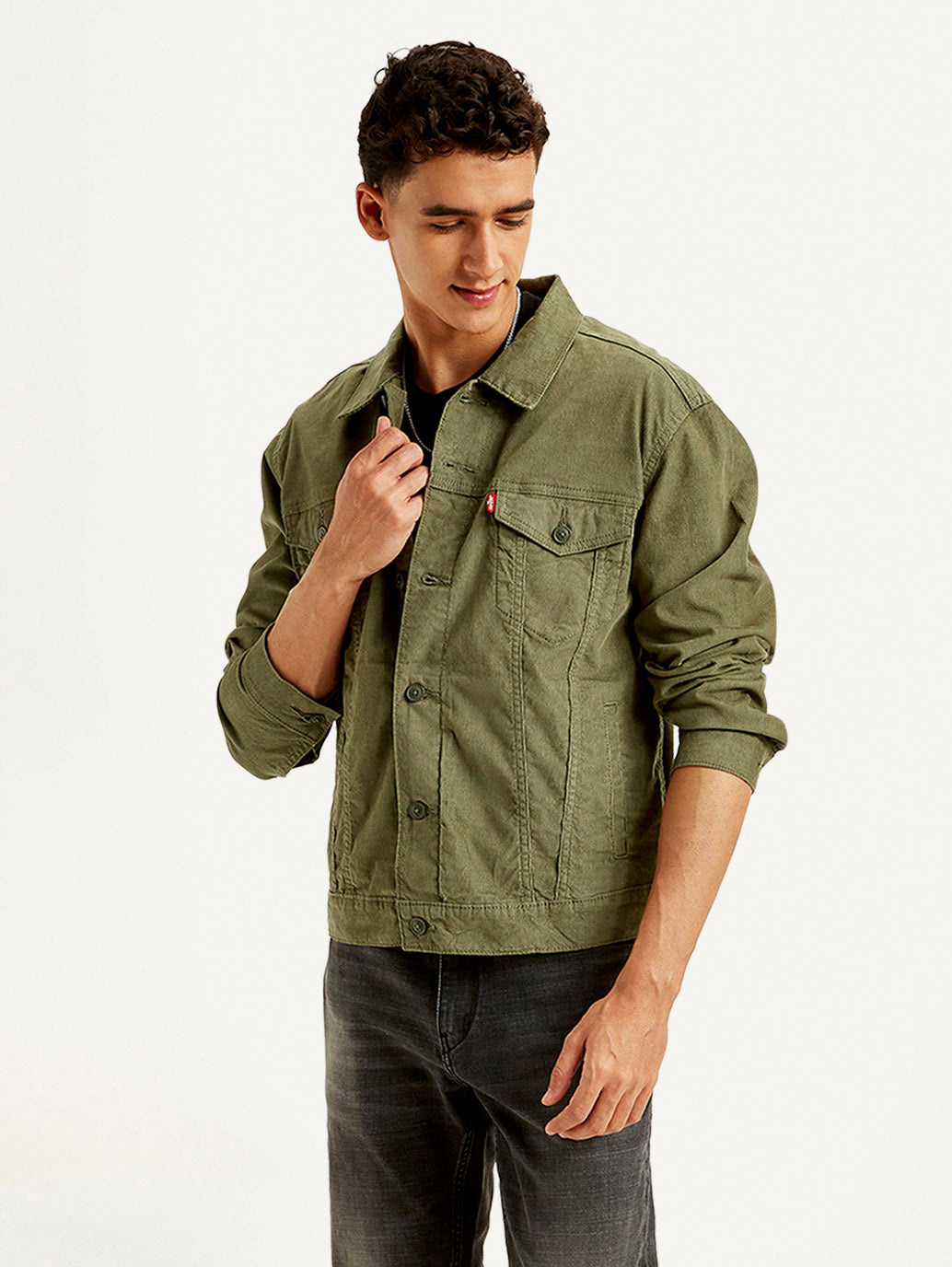 Men's Solid Olive Spread Collar Corduroy Jacket