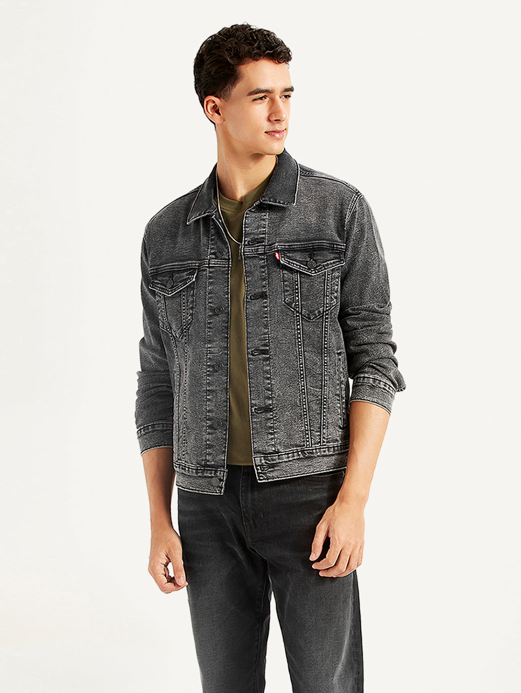 Men's Solid Charcoal Grey Denim Jacket - Main Image