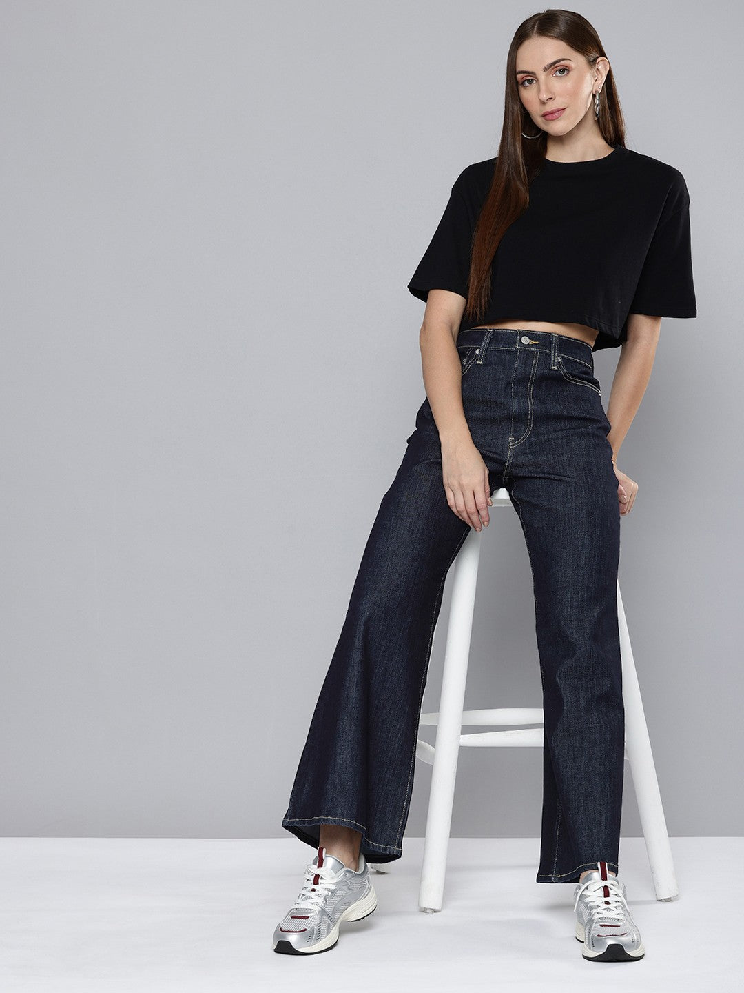 Women's Blue Ribcage Bell Bottom Wide Leg Fit High Rise Jeans