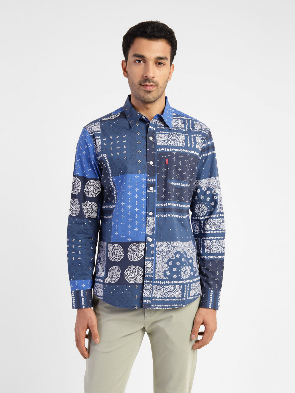 Men's Ethnic Print Lotus Yoga Hippie Boho Crinckled Cotton Blue T-Shirt (Small/Medium)