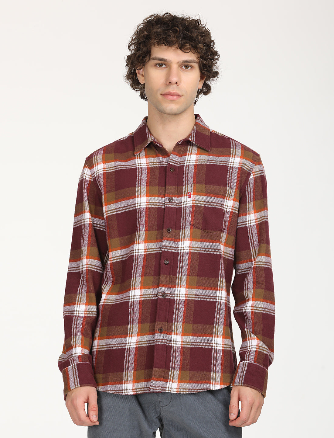 Men's Plaid Red Spread Collar Shacket - Main Image