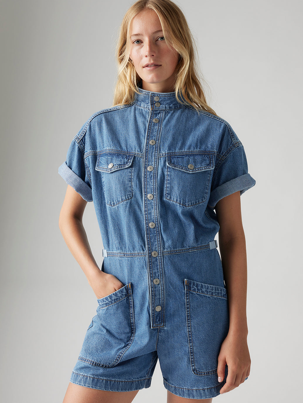 Women's Solid Blue Relaxed Fit Playsuit - Main Image