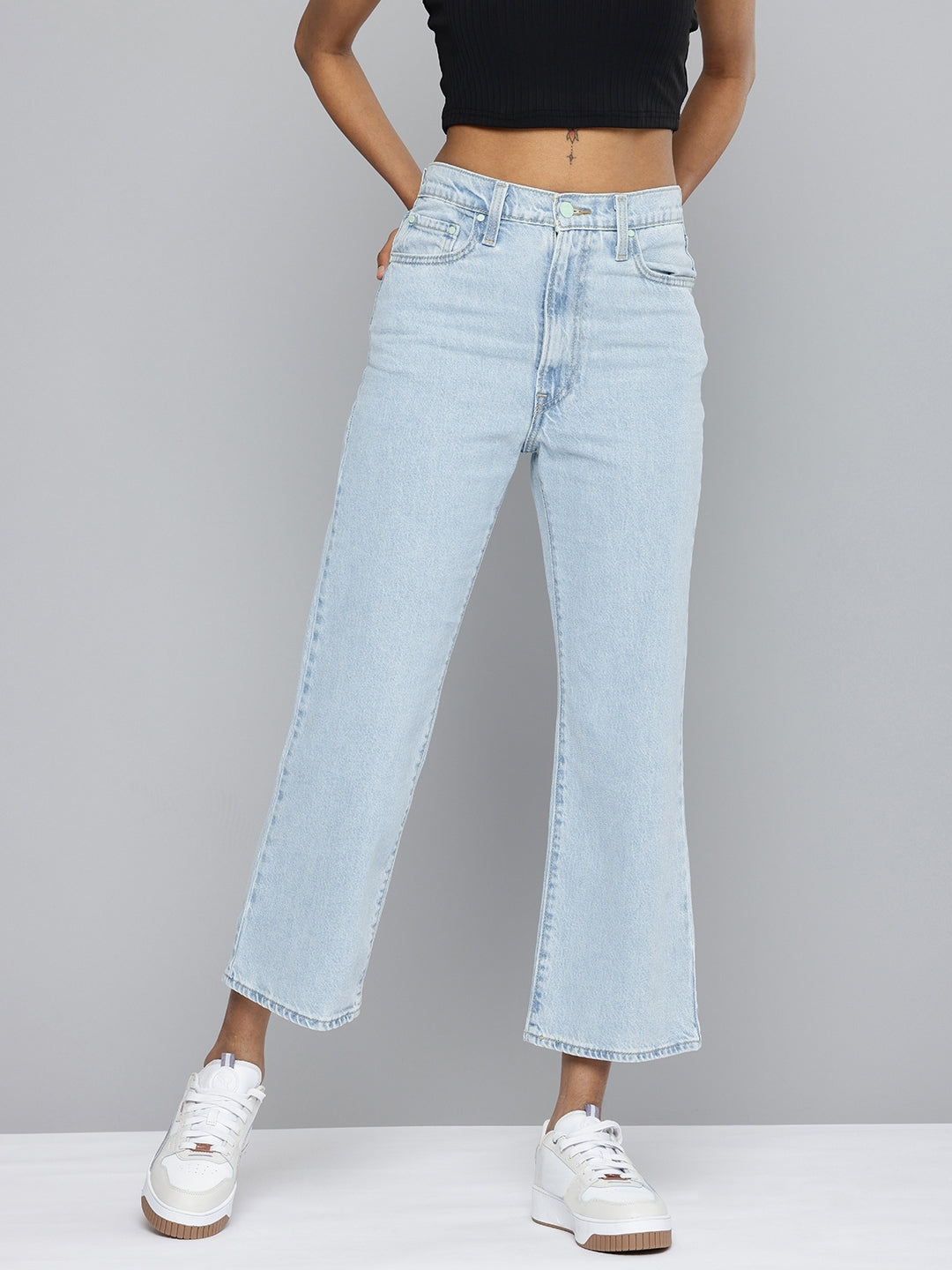 Women's Light Blue Ribcage Cropped Bootcut Fit High Rise Jeans