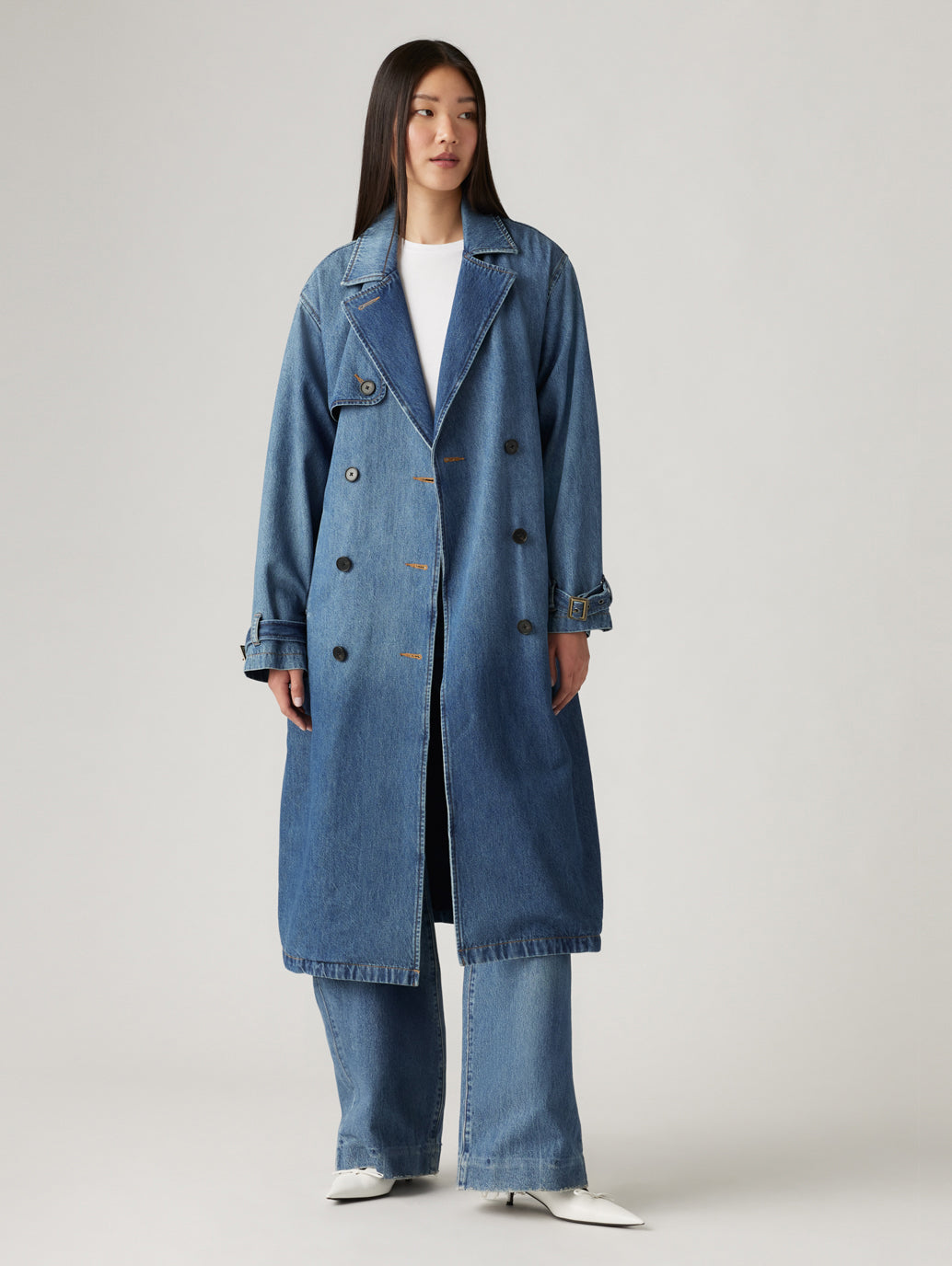 Women's Solid Blue Denim Trench Coat - Main Image