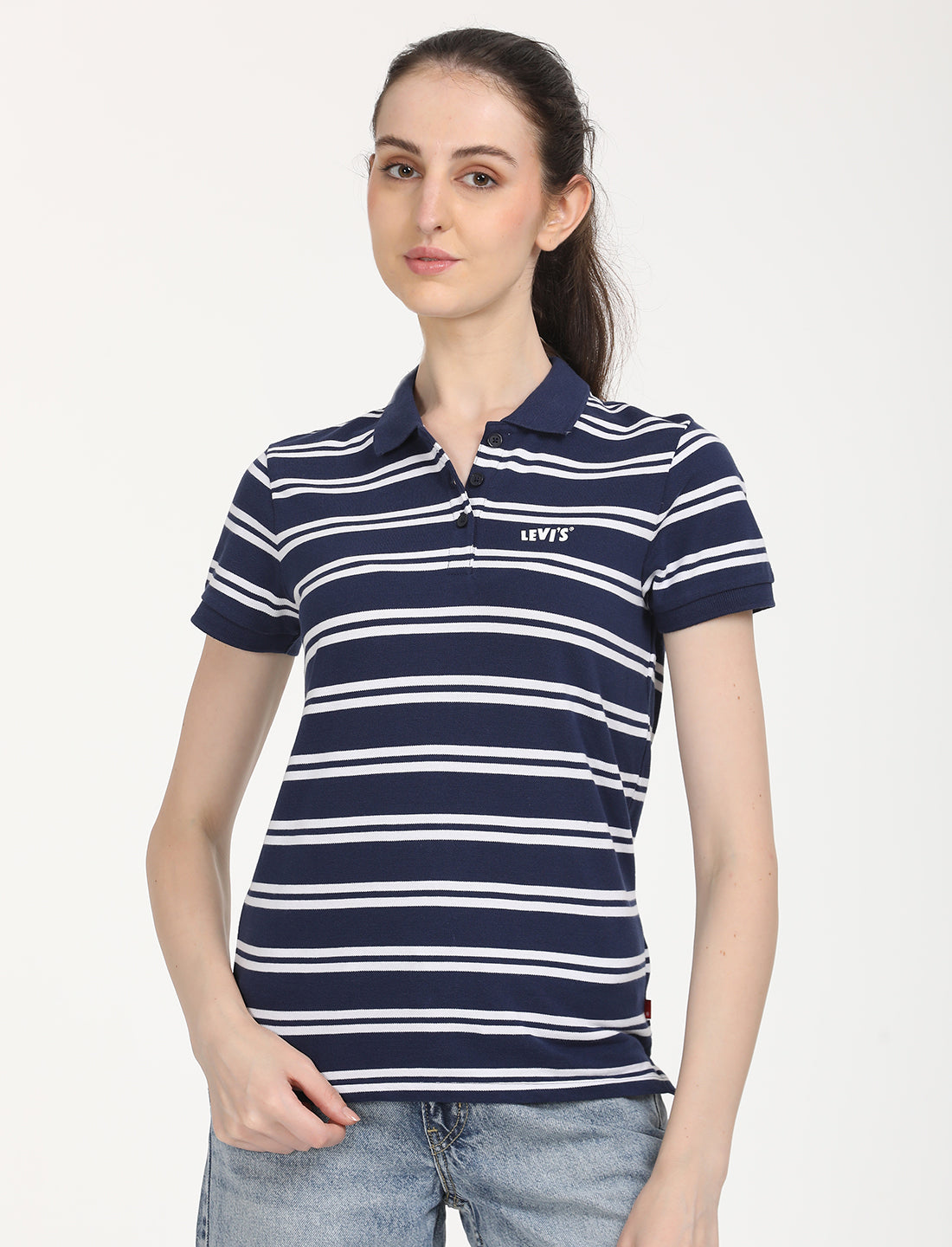 Women's Striped Print Polo T-Shirt - Main Image
