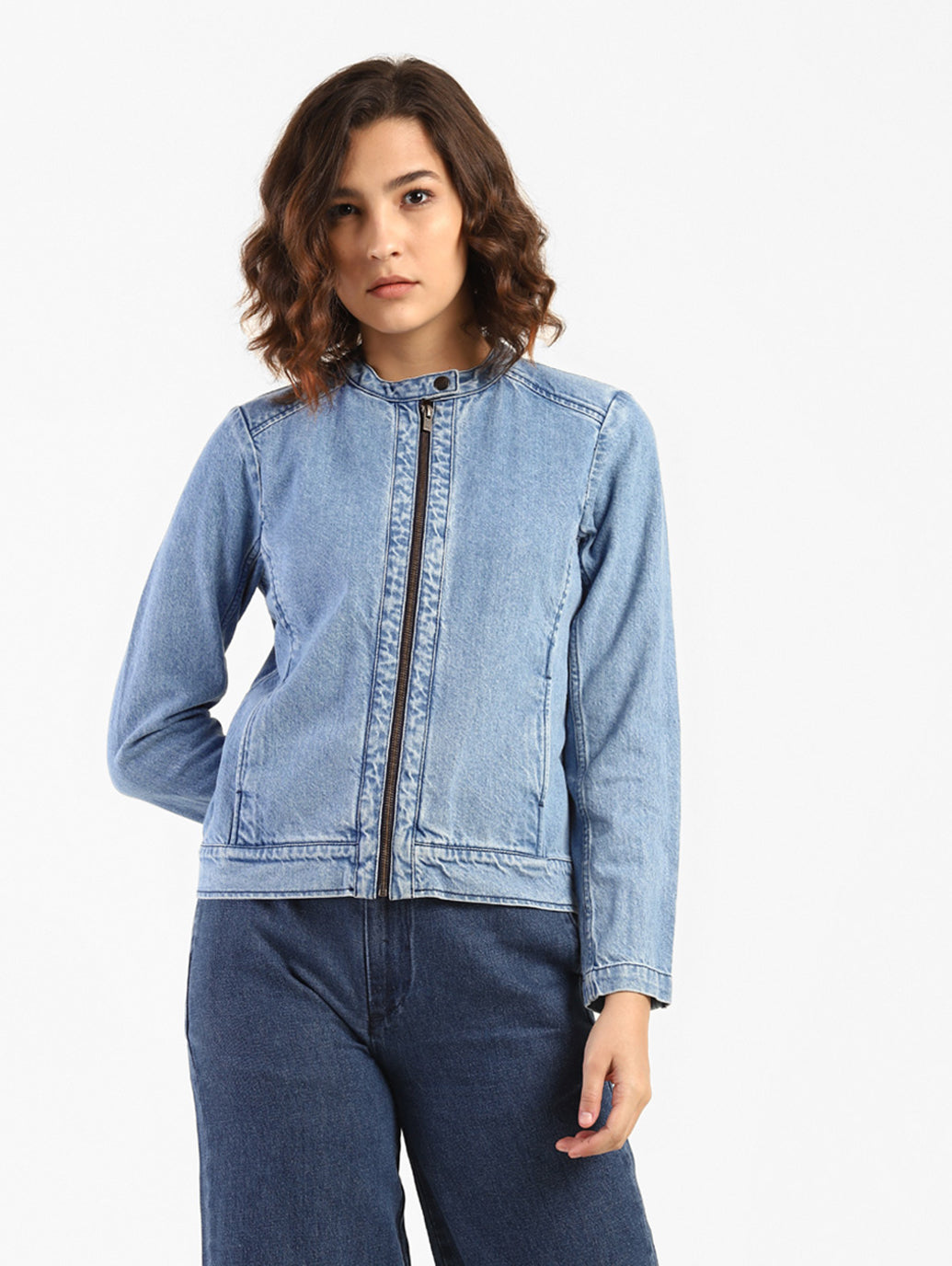 Women's mandarin collar denim clearance jacket