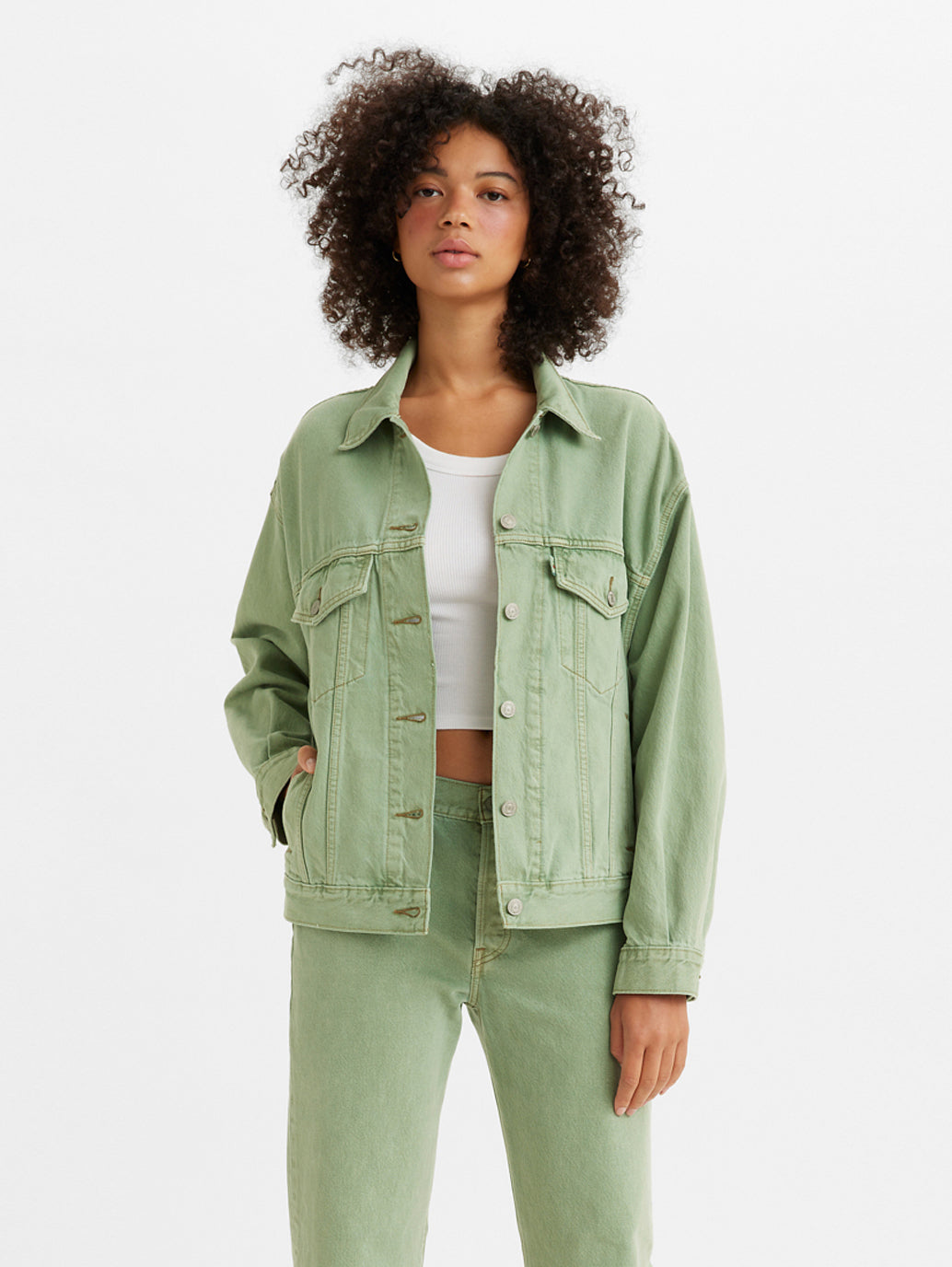 Girl Green Denim Coat Isobel Sage Denim Jacket – Finery London