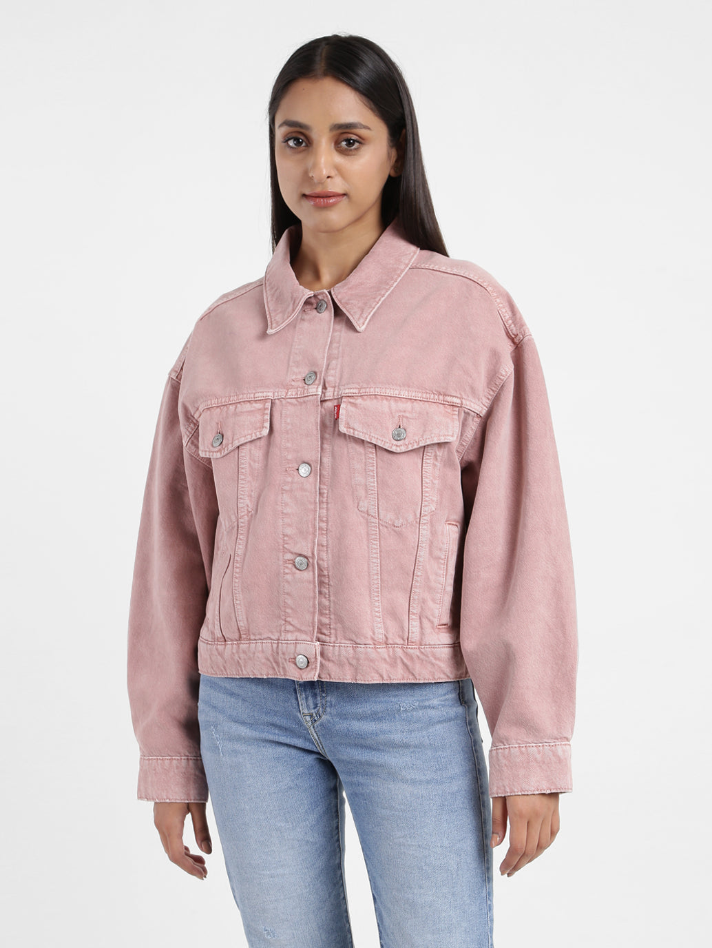 Women's Solid Pink Collar Neck Trucker Jacket