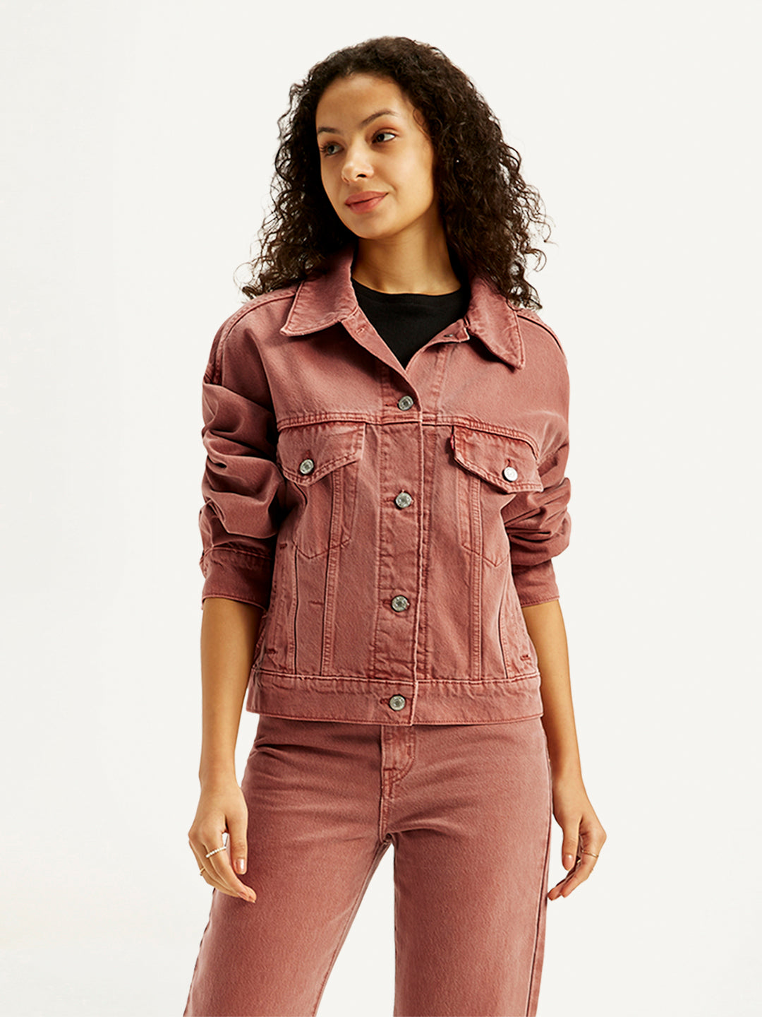Women's Solid Rust Spread Collar Trucker Denim Jacket