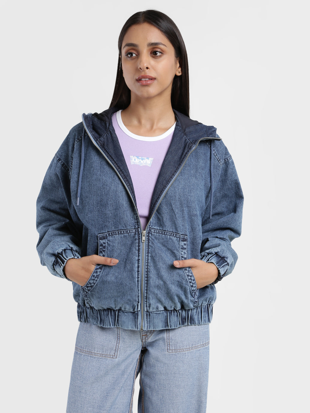 Women's Solid Blue Hooded Jacket