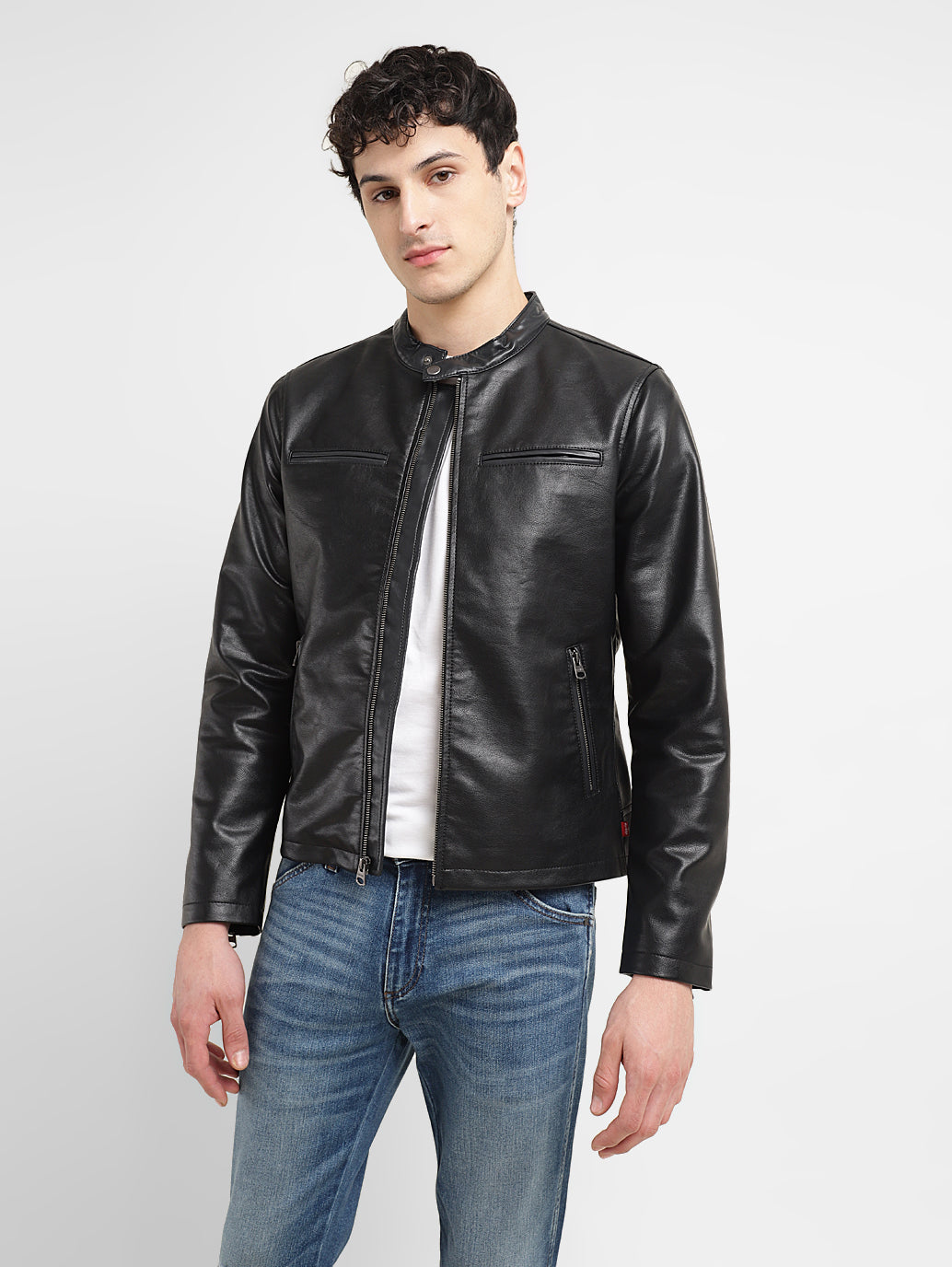 Solid Lederjacke Dash Men's Solid Black Band Neck Biker Jacket