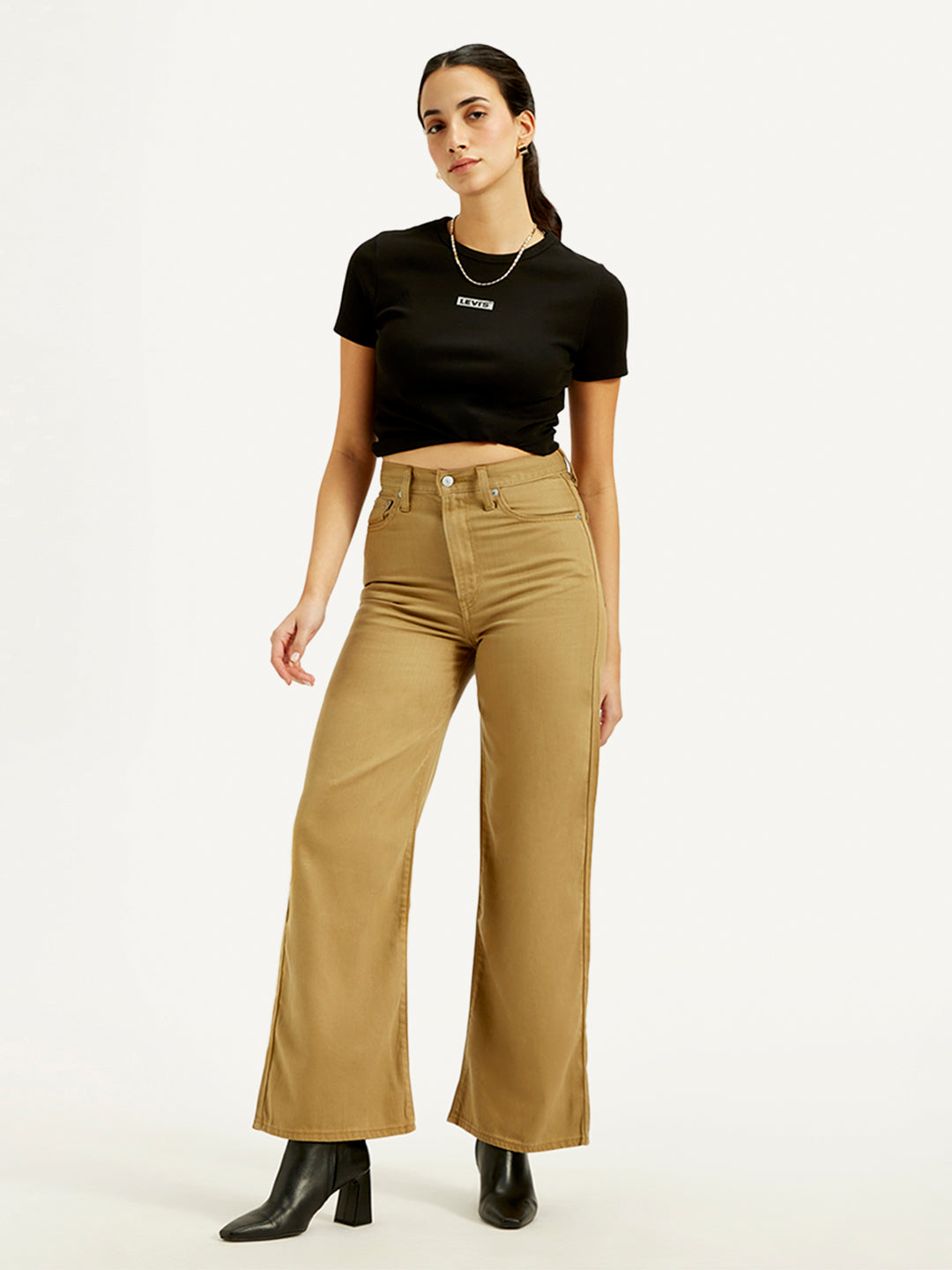 Women's Khaki Ribcage Bell Bottom Wide Leg Fit High Rise Jeans