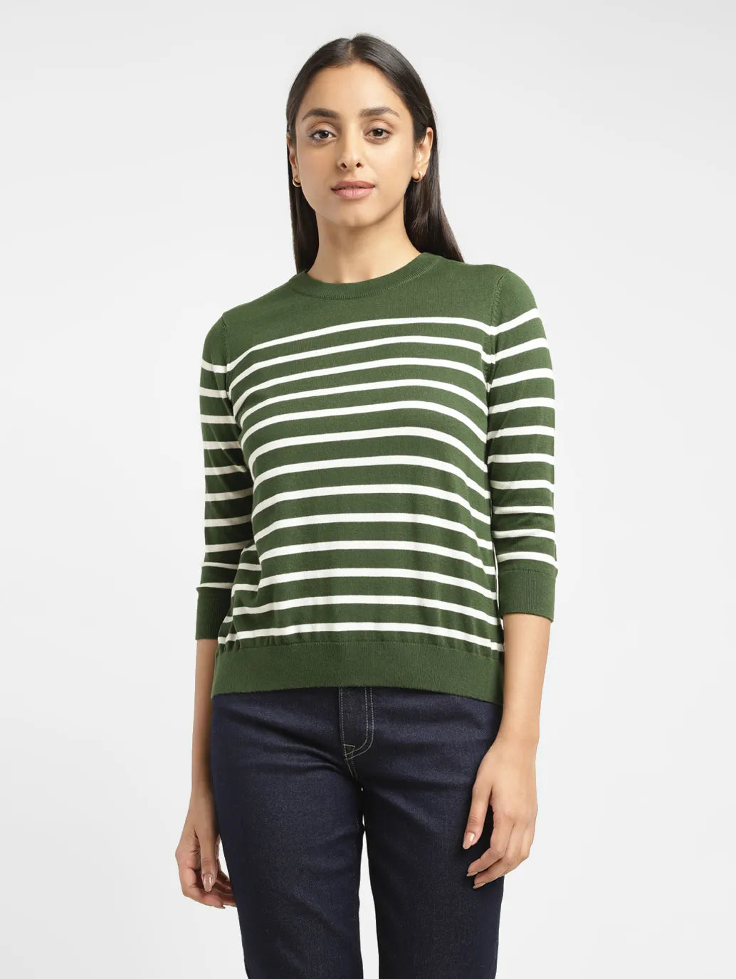 Women's Striped Green Crew Neck Sweater