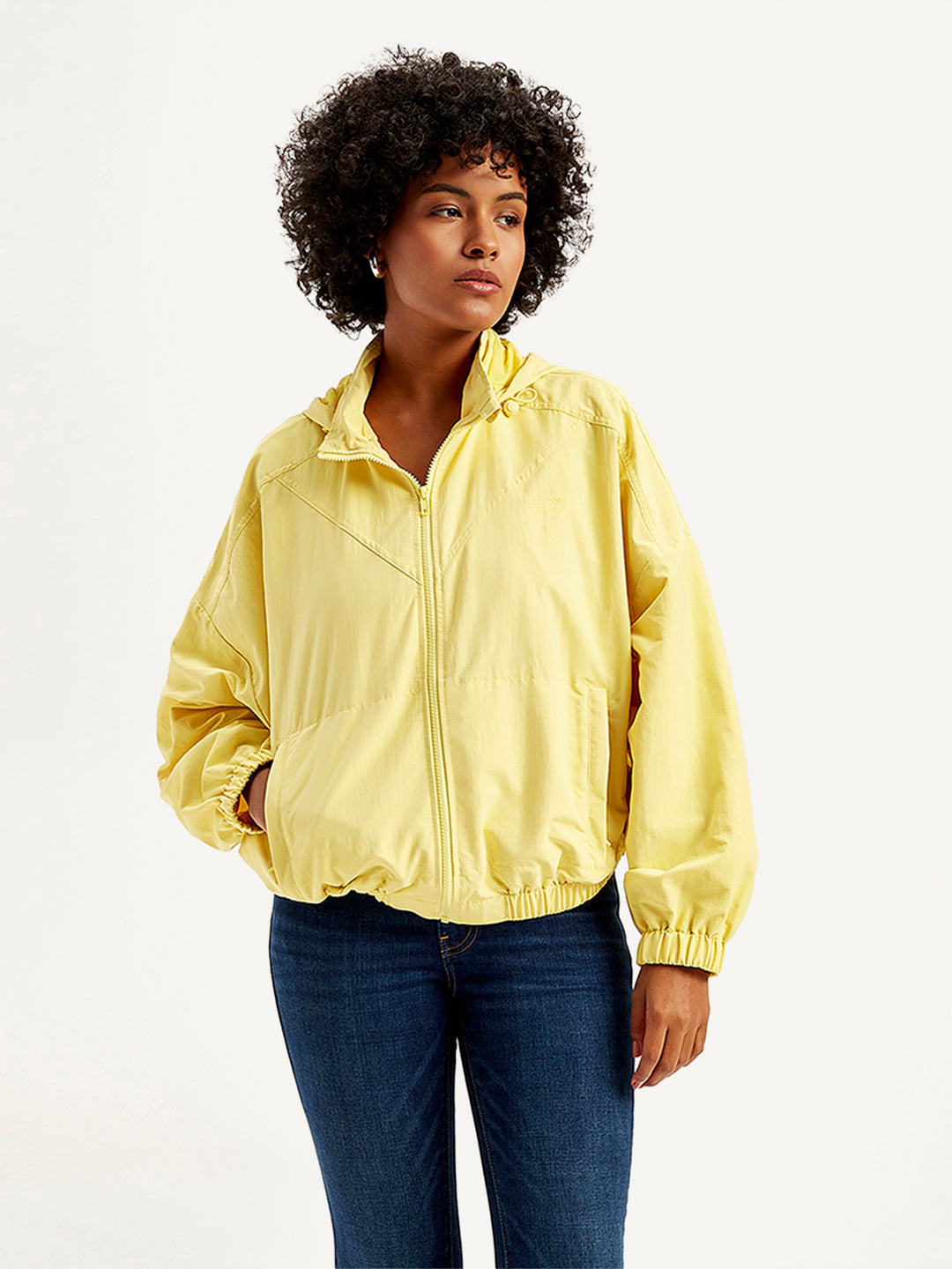 Women's Solid Yellow Hooded Windcheater Jacket - Main Image