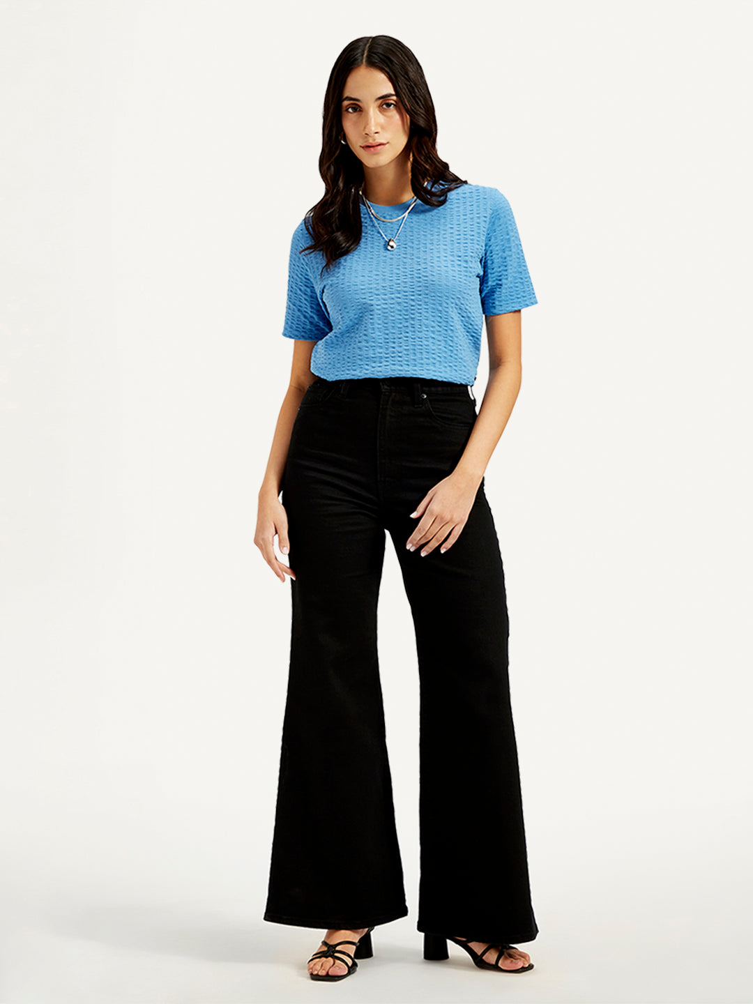 Women's Black Ribcage Bell Bottom Wide Leg Fit High Rise Jeans