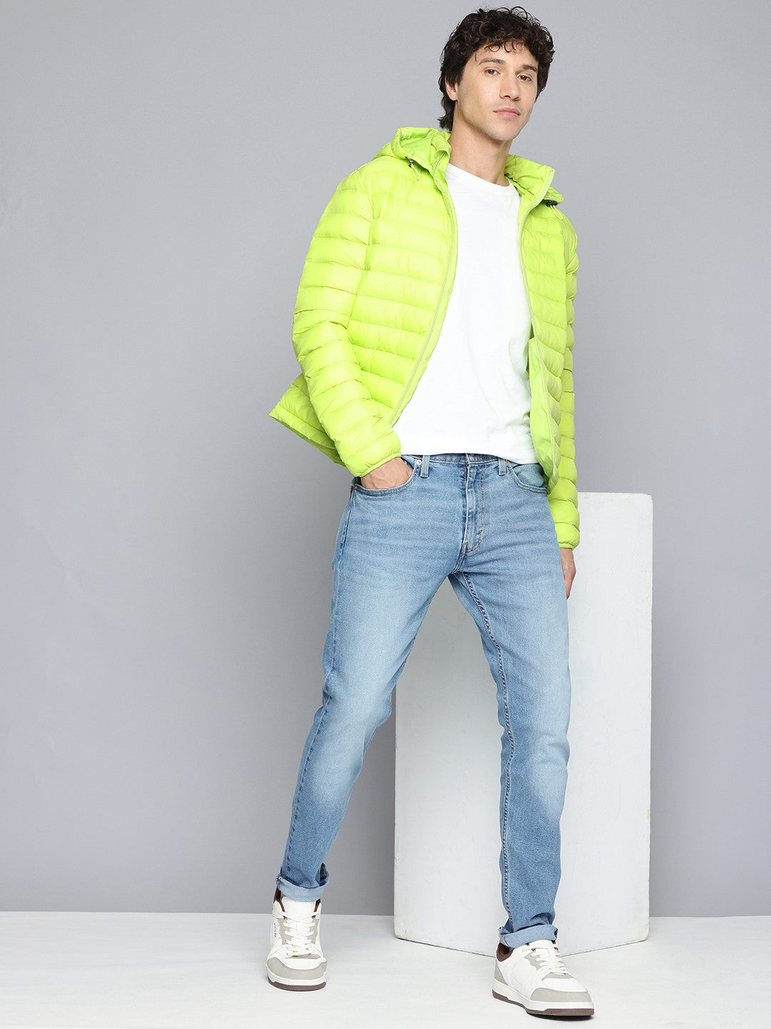 Men's Quilted Lime-Green Hooded Puffer Jacket - Main Image