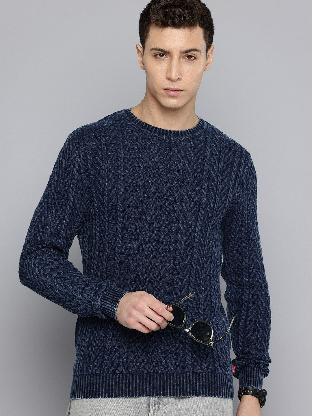 Men's Solid Navy Crew Neck Sweater - Main Image
