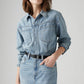 Women's Solid Blue Spread Collar Denim Dress