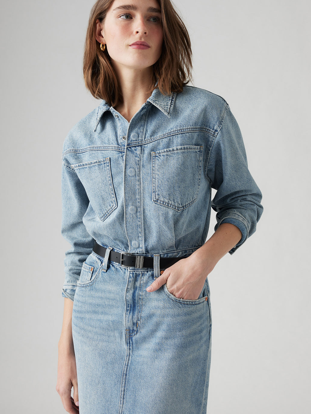 Women's Solid Blue Spread Collar Denim Dress