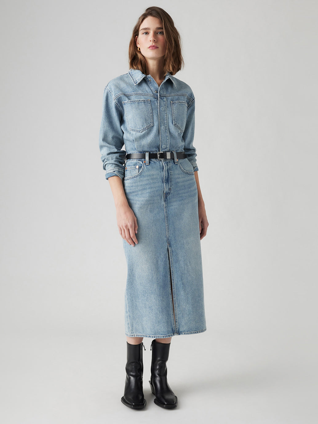 Women's Solid Blue Spread Collar Denim Dress - Main Image