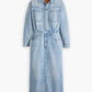 Women's Solid Blue Spread Collar Denim Dress