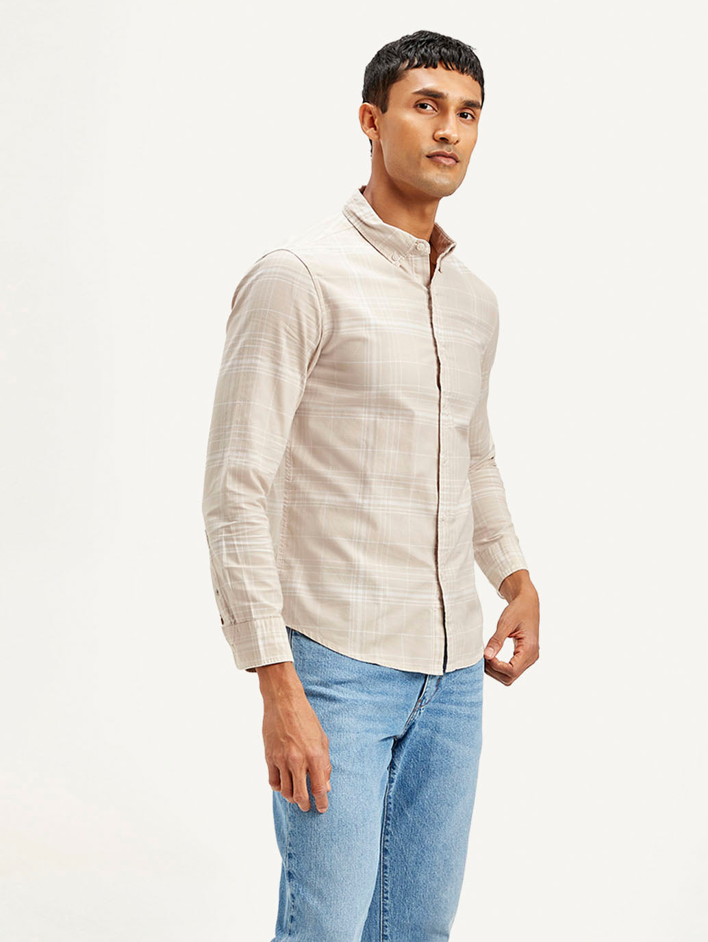 Men's Checkered Slim Fit Oxford Shirt - Side View