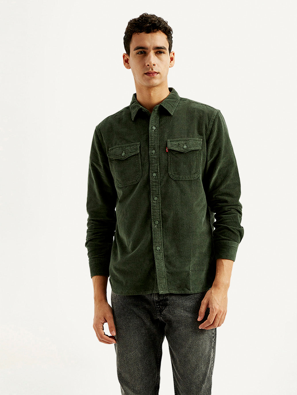 Men's Solid Slim Fit Corduroy Shirt - Front View