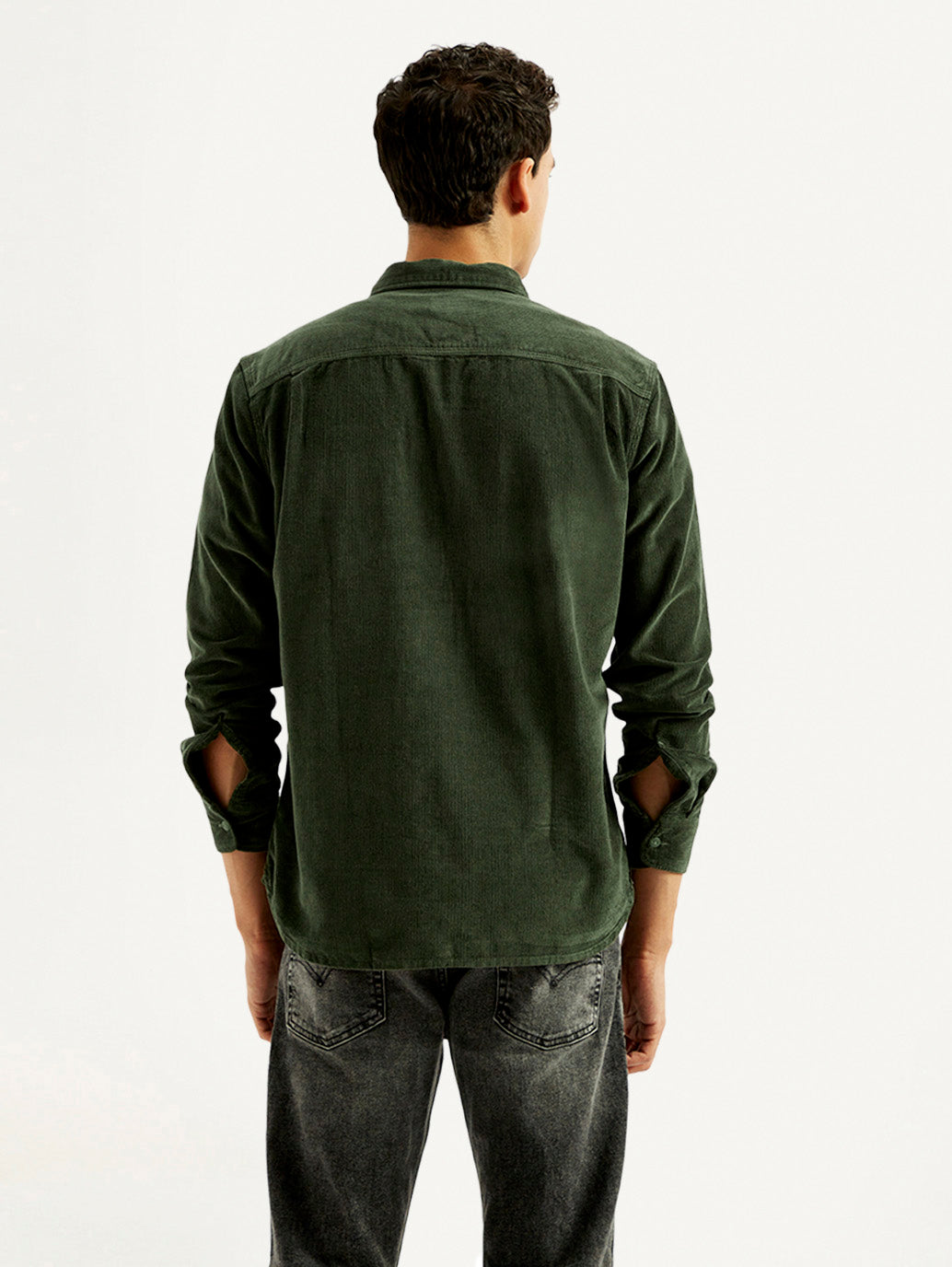 Men's Solid Slim Fit Corduroy Shirt - Back View