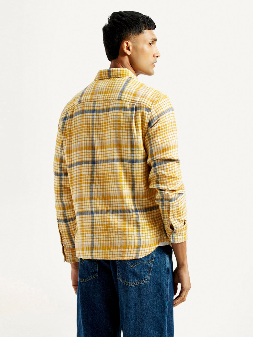 Men's Checkered Yellow Relaxed Fit Shirt - Back View