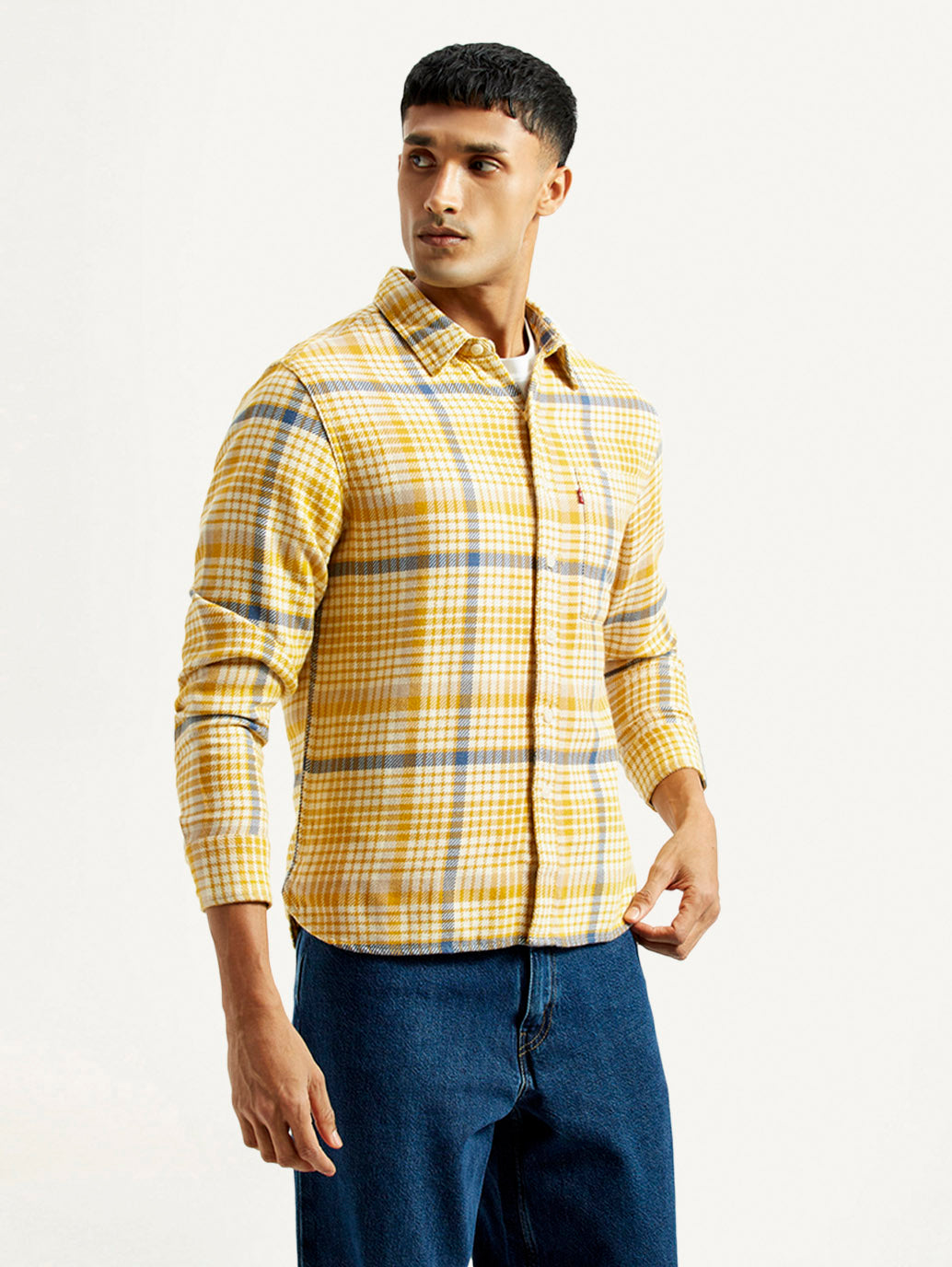 Men's Checkered Yellow Relaxed Fit Shirt - Side View